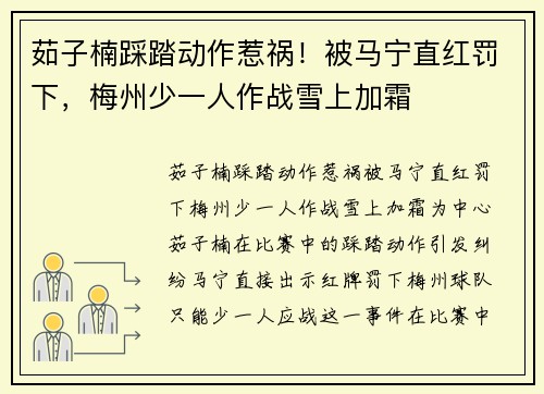 茹子楠踩踏动作惹祸！被马宁直红罚下，梅州少一人作战雪上加霜